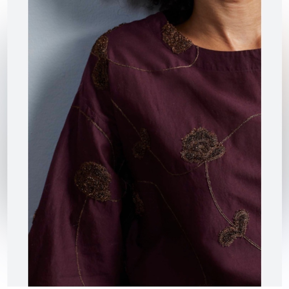 Pure J Jill Brown Wine Color Valley Floral Embroidered Boho Boxy Top Sz XL - Picture 2 of 11